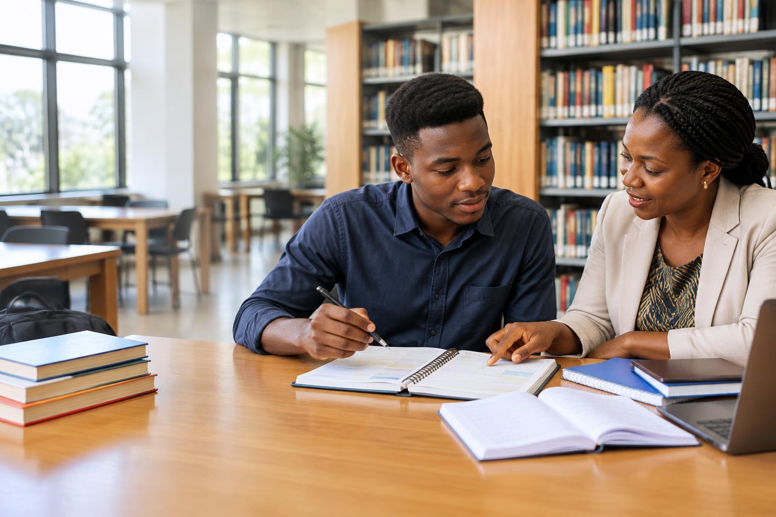 Illustrative scene of a student and mentor reviewing a study plan