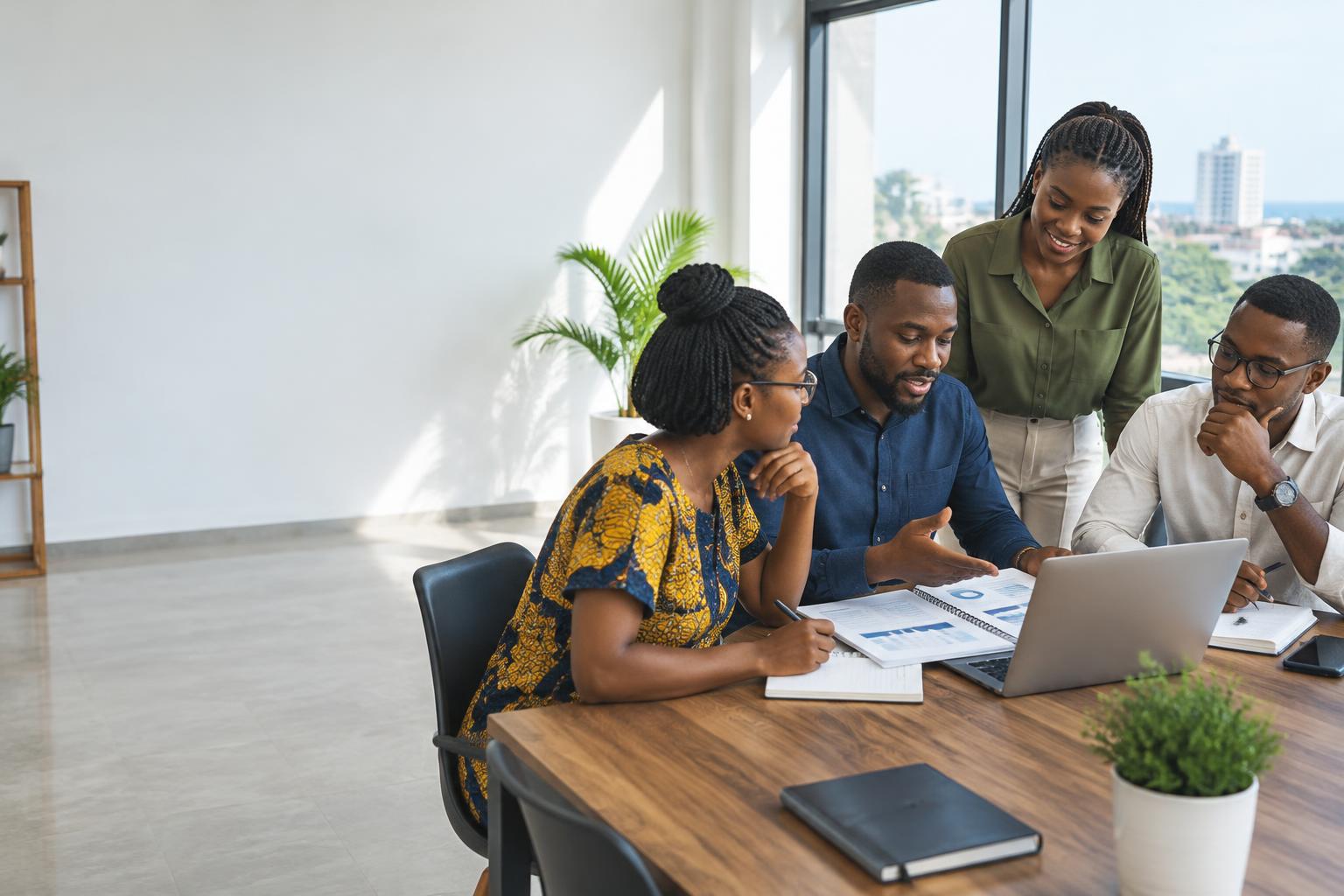 Illustrative scene of entrepreneurs discussing a business plan