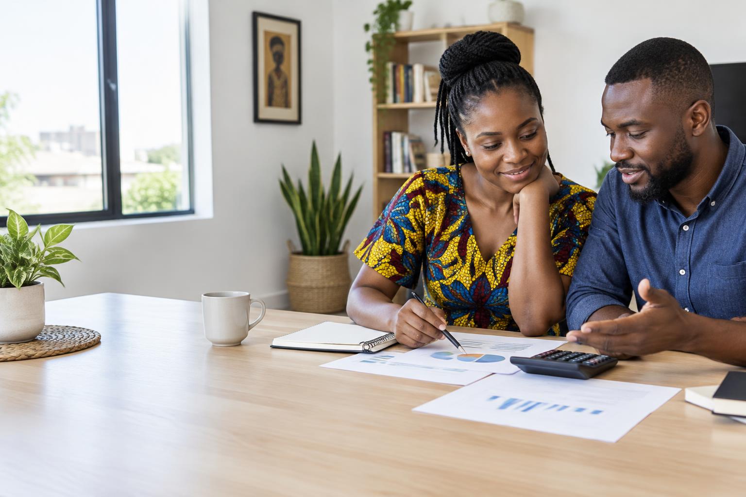 Illustrative scene of two adults reviewing a budget and financial goals
